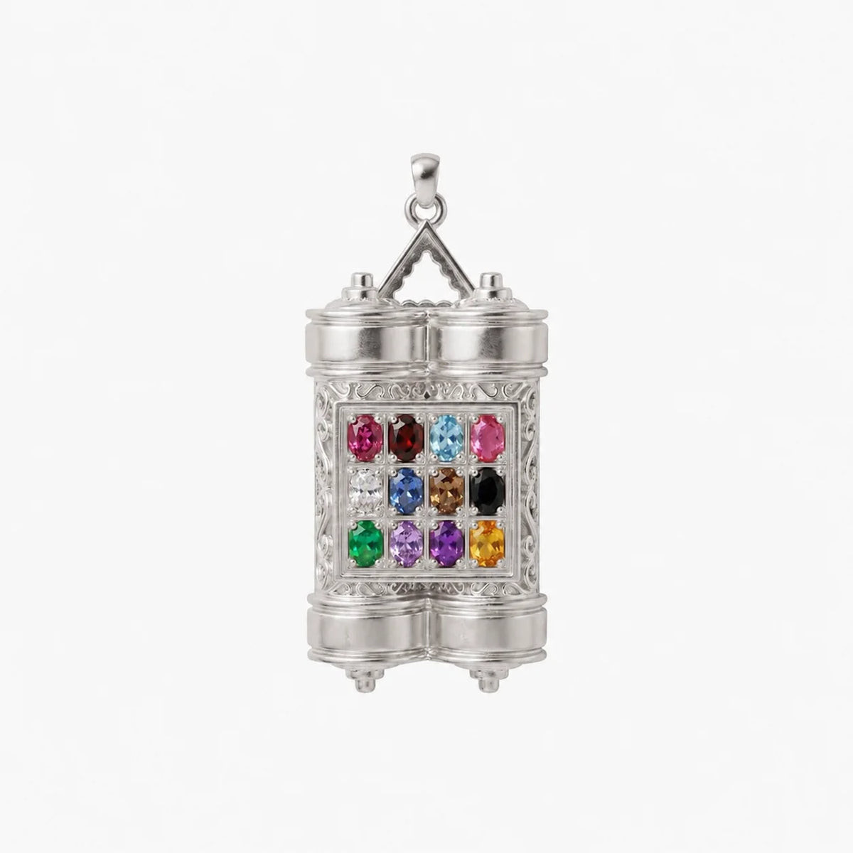 14k White Gold - Hoshen Legacy Necklace with lab-grown diamonds, ruby and sapphire, handcrafted in Israel