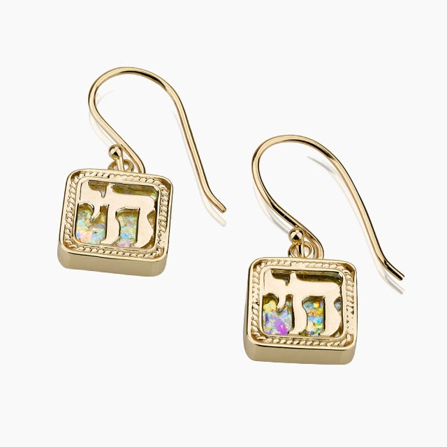 14K Gold and Roman Glass Chai Earrings