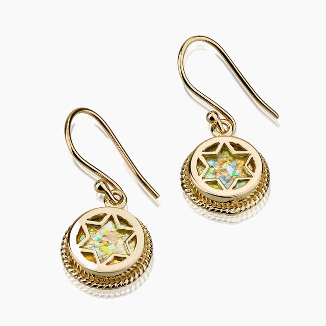 14K Gold Roman Glass Star Of David Earrings
