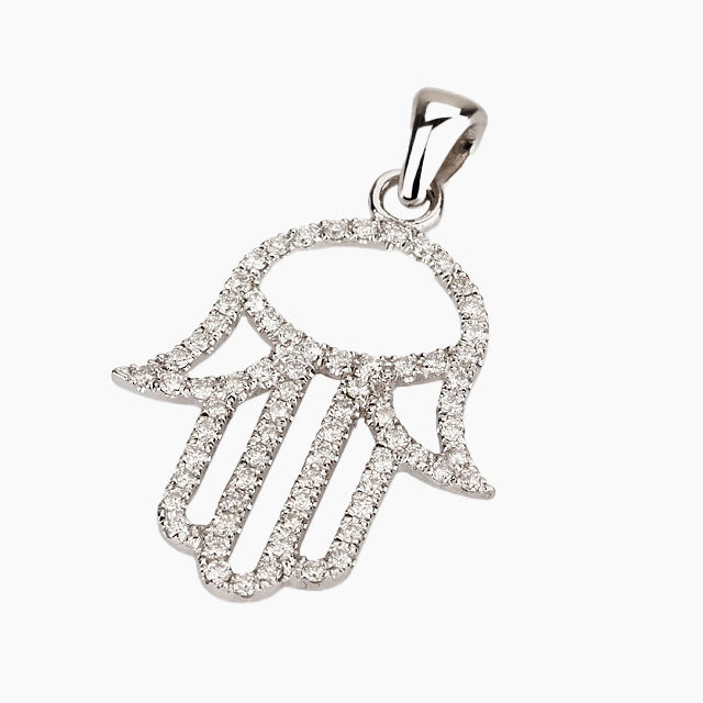 Pendentif Hamsa en or blanc massif 18 carats fait main, orné de diamants