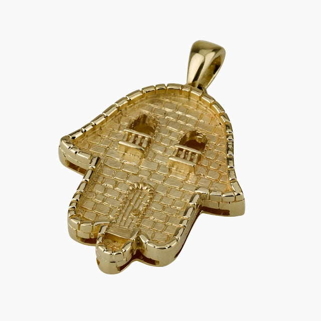 Pendentif Hamsa en or massif 14 carats fait main avec motif de la Vieille Jérusalem