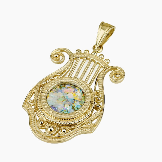 Pendentif harpe de David en or 14 carats avec verre romain