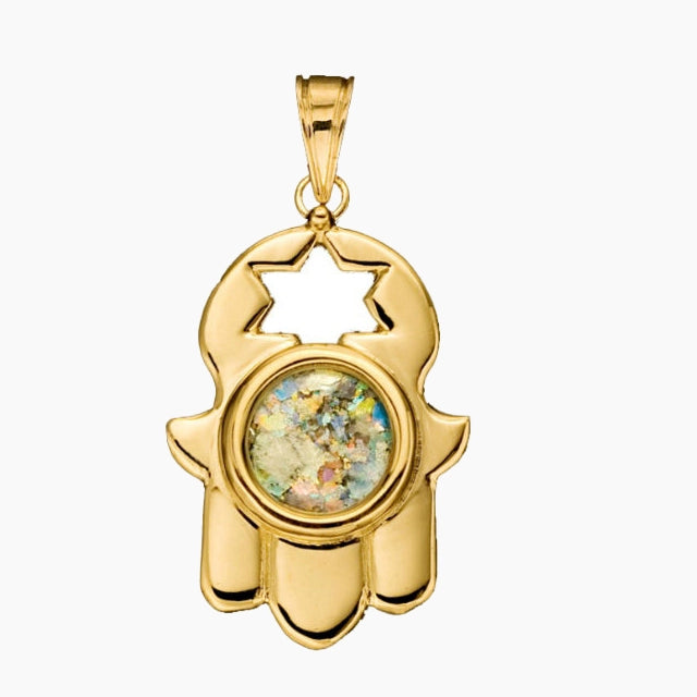 Pendentif Hamsa en or massif 14 carats avec verre romain antique