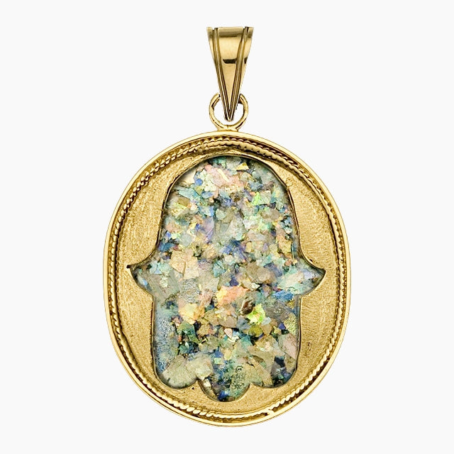 Pendentif Hamsa Heritage en or 14 carats avec verre romain