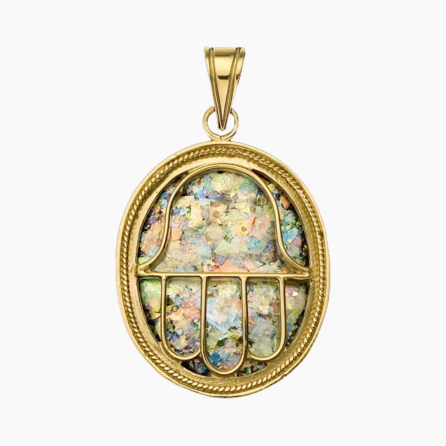 Pendentif Hamsa éternel en or 14 carats avec verre romain
