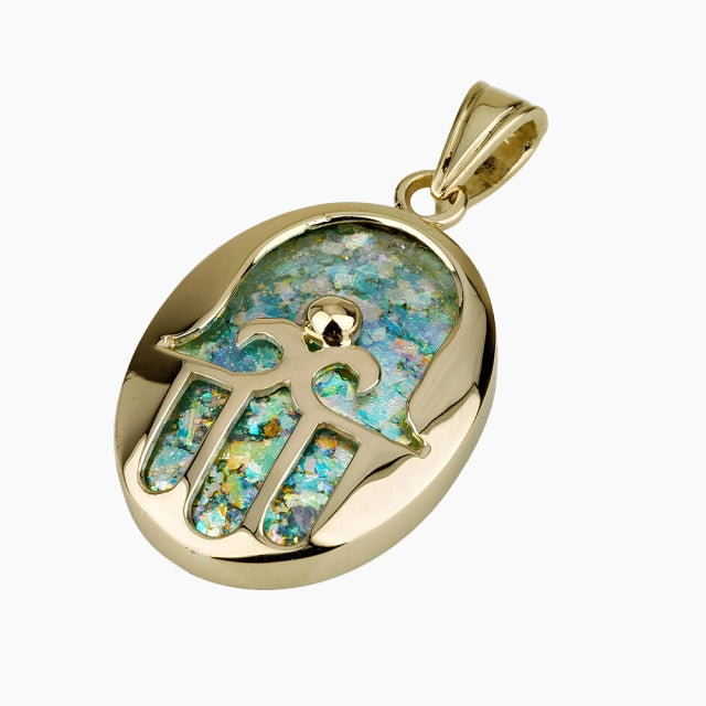 Pendentif Hamsa en or 14 carats avec verre romain