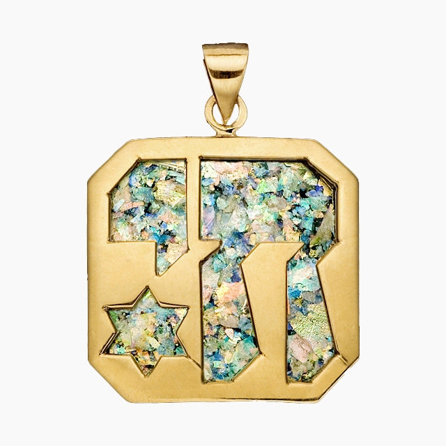 Pendentif Chai en or 14 carats avec verre romain