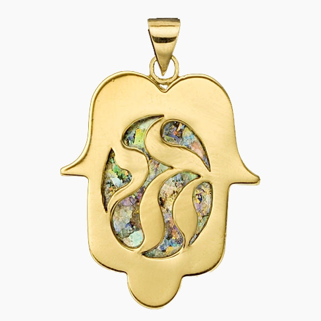 Pendentif Hamsa en or 14 carats avec verre romain antique