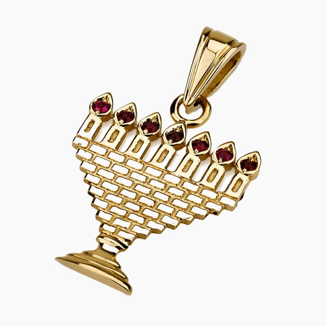 Handcrafted 14K Solid Gold Menorah Pendant Adorned with Rubies