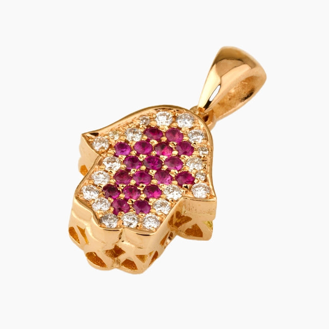 Pendentif Hamsa en or rouge 18 carats avec diamants et rubis
