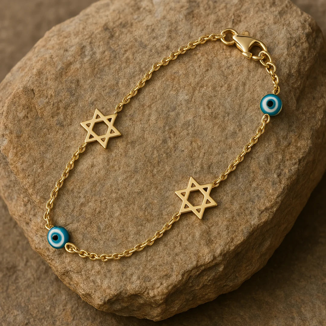 14k Gold Jewish Bracelet with Star of David & Evil Eye Charms
